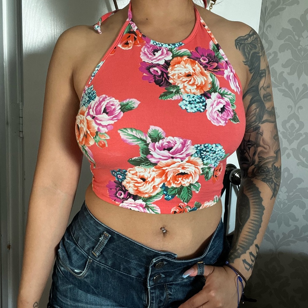 Floral Halter Neck Top - Coral